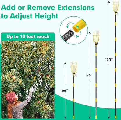 10FT Fruit Picker, Adjustable Mango Picker Tool with Adjustable Pole and Basket, High Fruit Catcher Equipment Apple Picker for Lemon Apples Mango Pear Orange Avocados Fruit Picking Grabber Tool