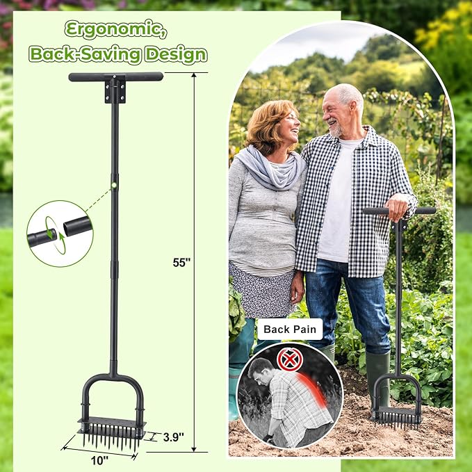 Aerator Lawn Tool: Sharp 14 Iron Spikes, Automatic Dirt Leaf Cleaning, Manual Lawn Aerators with Ergonomic T-Handle for Lawn Yard Garden Patio Soil Loosening Grass Aerating