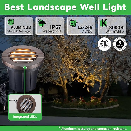 Landscape Well Light, LED Low Voltage In Ground Lights, IP67 Waterproof 12V Outdoor, Grill Top 6W 350LM Aluminum ORB for Sidewalk Driveway 6 Pack