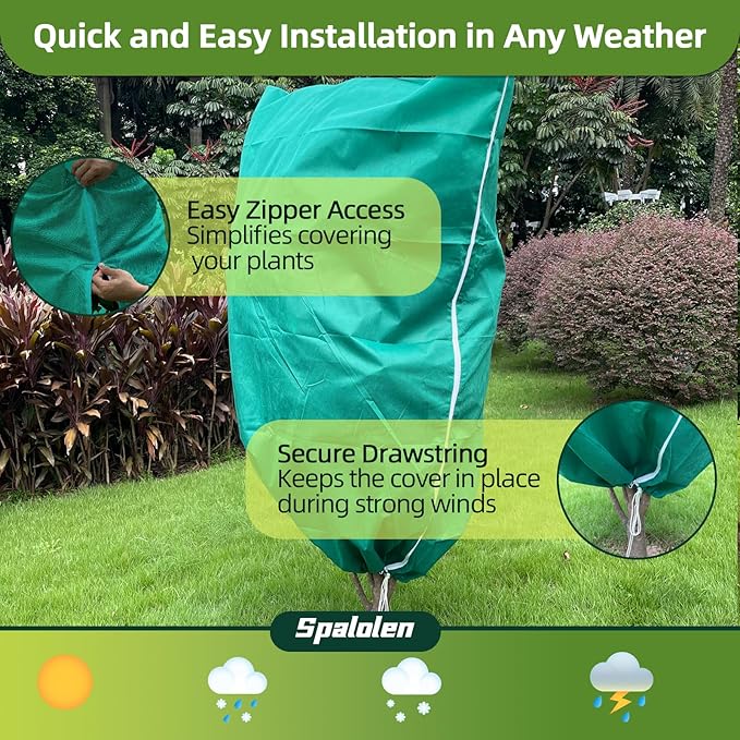 2 Pack Plant Covers Freeze Protection, 75"W x 90"H Winter Frost Blanket 2.36 oz/yd² Fabric Frost Cloth Tree Covers Shrub Jacket Bag with Zipper & Drawstring for Plants Fruit Tree Shrub Potted - Green