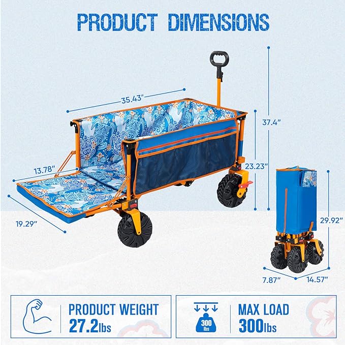 Old Bahama Bay 550lbs Extra Long 49" L Beach Wagon with Big Wheels with Brake for Sand, Collapsible Utility Beach Cart Heavy Duty Folding Wagon,Ideal for Outdoor Sand Camping Garden Pet