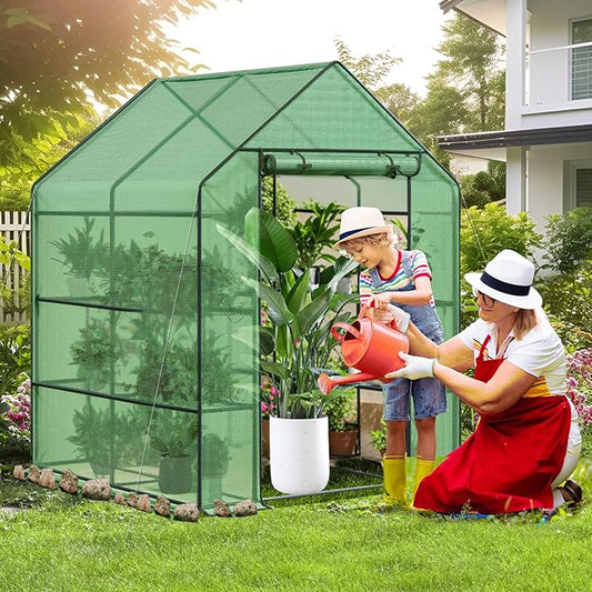 Greenhouse, 56 x 56 x 76'' Heavy Duty Greenhouses for Outdoors, Green House with Roll-Up Door Thicken PE Cover, Portable Walk-in Green Houses for Outside with 3 Tier 8 Shelves