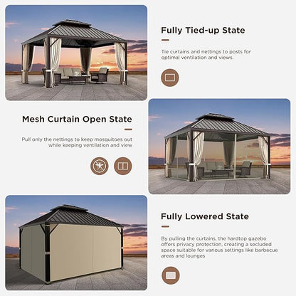 GREEN PARTY 12 X 14ft Hardtop Gazebo with Nettings and Curtains, Heavy Duty Double Roof Galvanized Steel, Outdoor Aluminum Gazebos Pergolas for Patios, Backyard, Deck, Garden, Lawns