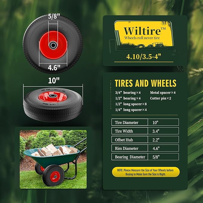 (2 Pack) 4.10/3.50-4 Flat Free Tire and Wheel 10-Inch Solid Wheel Replacement with 5/8 Extra 3/4 &1/2 Bearings,2.2" Offset Hub -Compatible with Hand Truck,Wheelbarrow(Wave,Red)
