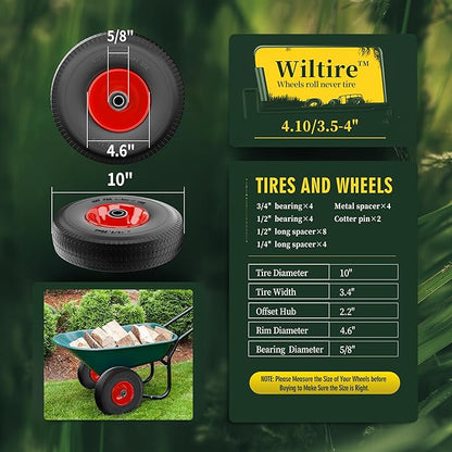 (2 Pack) 4.10/3.50-4 Flat Free Tire and Wheel 10-Inch Solid Wheel Replacement with 5/8 Extra 3/4 &1/2 Bearings,2.2" Offset Hub -Compatible with Hand Truck,Wheelbarrow(Wave,Red)