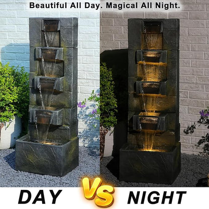 41.1" Garden Water Fountain Outdoor – 5-Tier Modern Cascading Resin Waterfall Fountain with LED Light, Mossy Stone Look, Floor-Standing Outdoor Water Feature for Patio, Yard, Deck, Home Décor