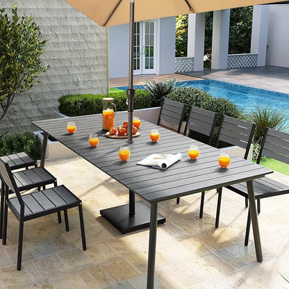 Outdoor Dining Table for 8-10, 94.5 inch Patio Dining Table with Wooden-Like Top and Aluminum Frame, Rectangular Table with Umbrella Hole Outdoor Furniture, Grey