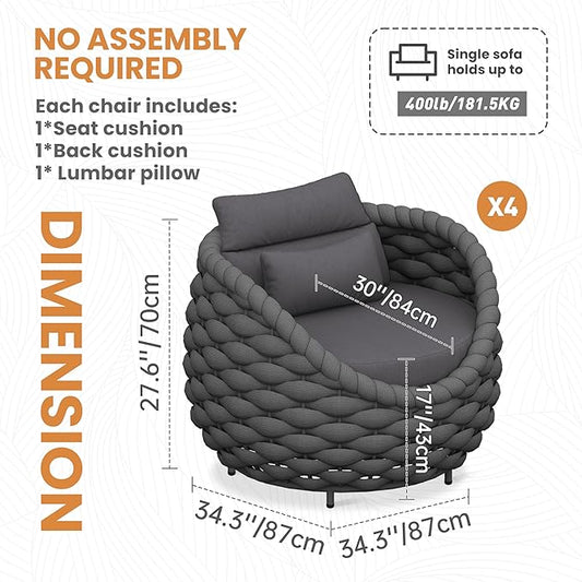 4 Pcs Patio Rope Accent Chair: Aluminum Single Lounge Armchair - Large Woven Chair Cushioned - Modern Arm Chair Assembled for 400lbs Outdoor Lanai Deck Balcony Porch Yard Garden Hotel, Dark Gray