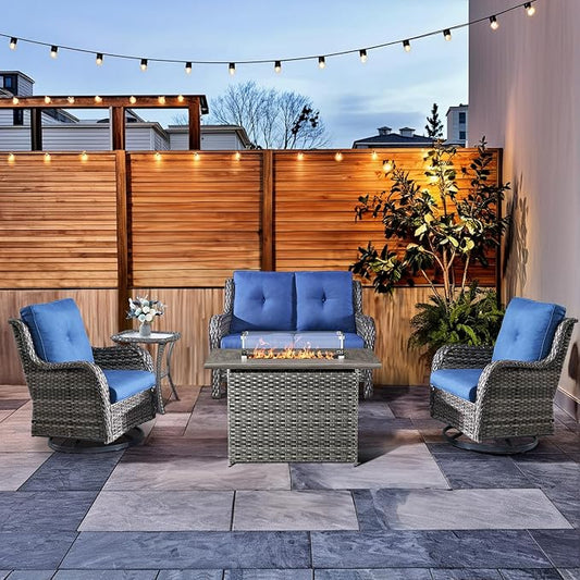 HUMMUH Patio Furniture Set with Fire Pit Table 5-Piece Wicker Outdoor Swivel Rocker Patio Chairs Loveseat Conversation Set for Porch, Backyard, Deck