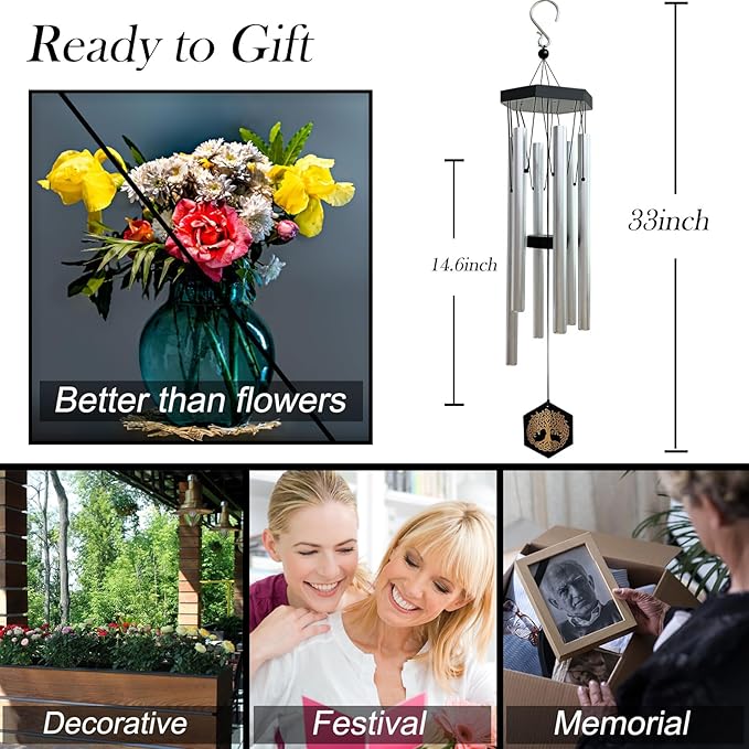 33" Tree of Life Memorial Wind Chimes | Elegant Silver Sympathy Wind Chime for Loss of Loved One, Tranquil Deep-Tone Windchimes, Outdoor Hanging Garden Decor