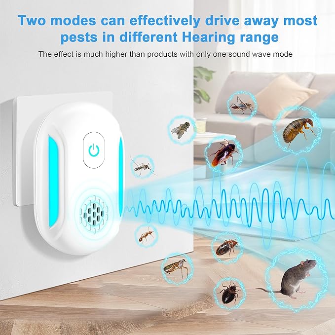 [2025 Upgraded] Ultrasonic Insect & Pest Indoor Repeller, Plug-in Control Electronic Repellent for Roach, Mouse, Rodent, Bugs, Mosquito, Spider, Mice, Ant, 2 Mode Switching (6 Pack)