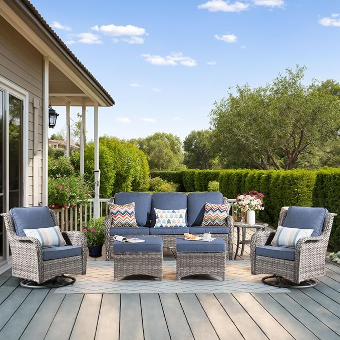 HOOOWOOO Patio Furniture Set,6 Piece Outdoor Furniture Set with Swivel Chairs,Wicker Patio Conversation Couch Chairs Ottoman Set,Denim Blue