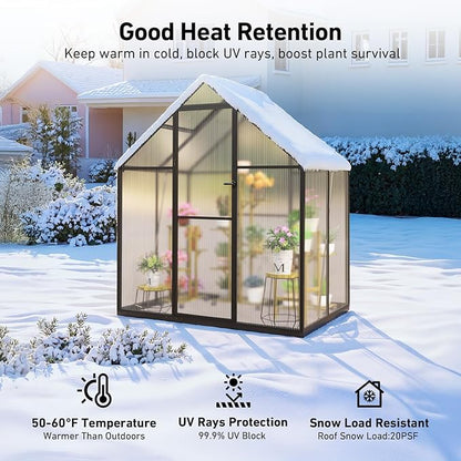 6x4FT Outdoor Greenhouse, Polycarbonate Green House, Small Walk-in Greenhouse with Vented Roof Window, Windproof Aluminum Frame with Hygrometer , Suitable for Gardening