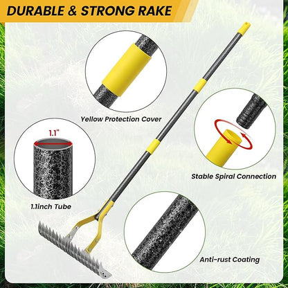 Thatch Rake 4.5FT Heavy Duty Metal Dethatcher Rake with Adjustable Long Handle 19-Tine 15” Wide Lawn Yard Garden Tool for Cleaning Dead Leaf Grass Loosing Soil