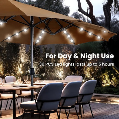 PHI VILLA 15ft Large Patio Umbrella with Solar Lights, Double-Sided Outdoor Market Rectangle Umbrellas with 36 LED Lights, Umbrella Base (Stand) Included, Maillard Brown