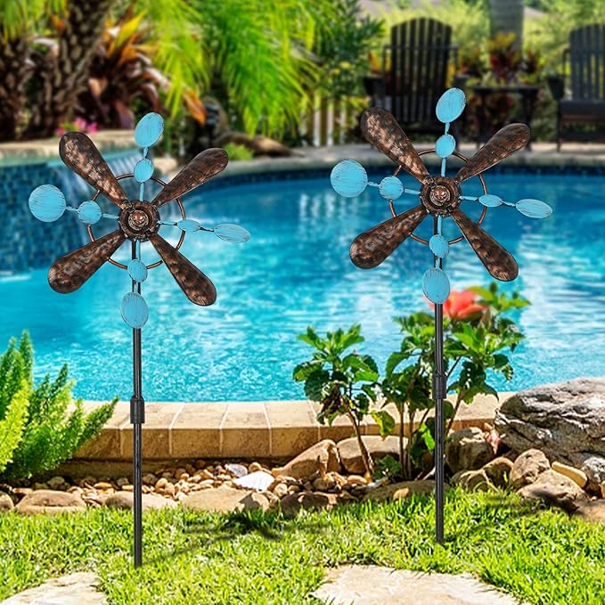 3 Pack Wind Spinners with Metal Stake, 16.3 Inches Yard Garden Sculptures for Outdoor Spring Decoration Lawn Patio Wind Catcher Windmill (Blue spot)