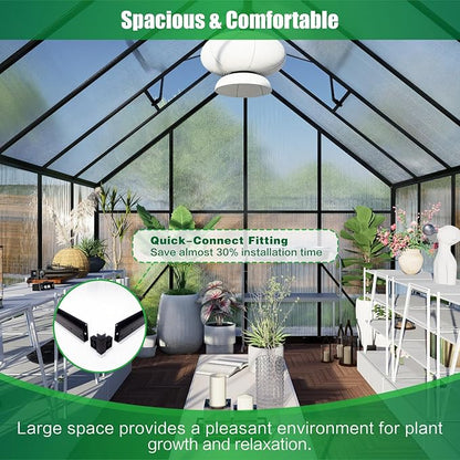 8x12 FT Greenhouse for Outdoors, Polycarbonate Green House with Adjustable Roof Vent and Rain Gutter, Aluminum Large Walk-in Greenhouse with Quick Setup Structure for Outside Garden Backyard Patio