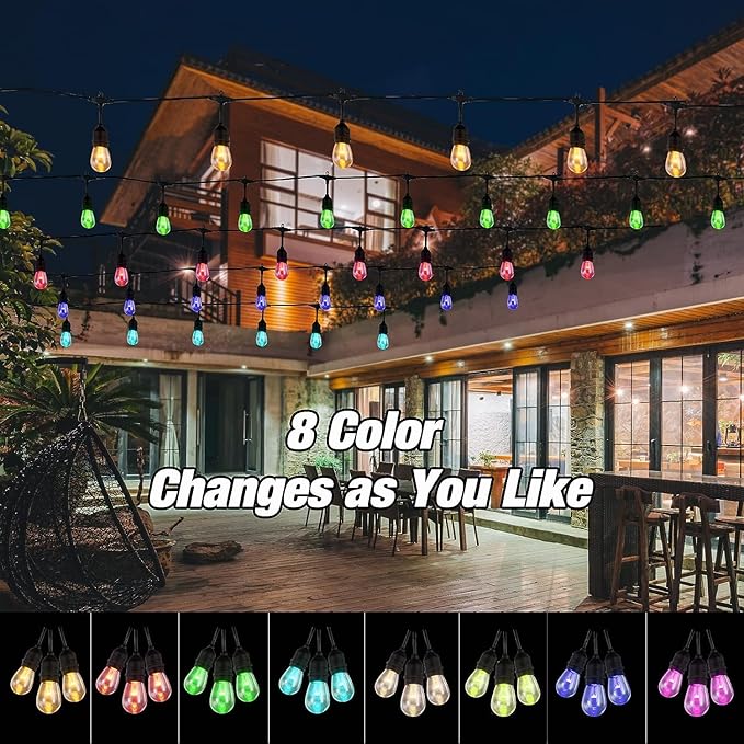 Auroraworld 96FT RGB Outdoor String Lights, Dimmable Color Changing Waterproof LED Patio Lights with Remote, 30 Shatterproof Bulbs for Garden Yard Party Decor