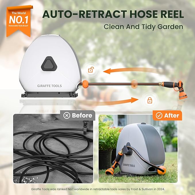 Giraffe Tools 130FT Heavy Duty Ground Retractable Hose Reel, 1/2 Inch Automatic Rewind Garden Hose Reel for Lawn & Yard, Swivel Base for Concrete/Patio, Durable Ground Mount Helper