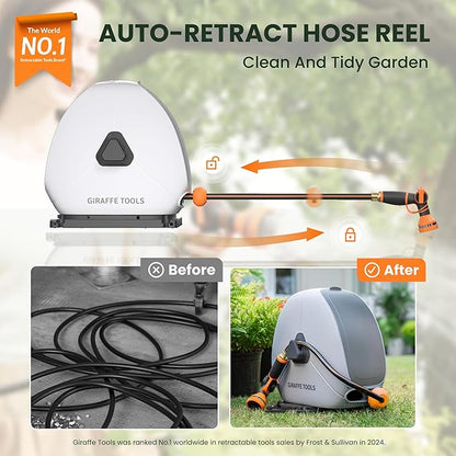 Giraffe Tools Heavy Duty Retractable Hose Reel, 130FT 1/2 Inch Automatic Rewind Garden Hose Reel with Flexible Swivel Base, Ground Mount for Lawn, Patio, and Concrete Floor
