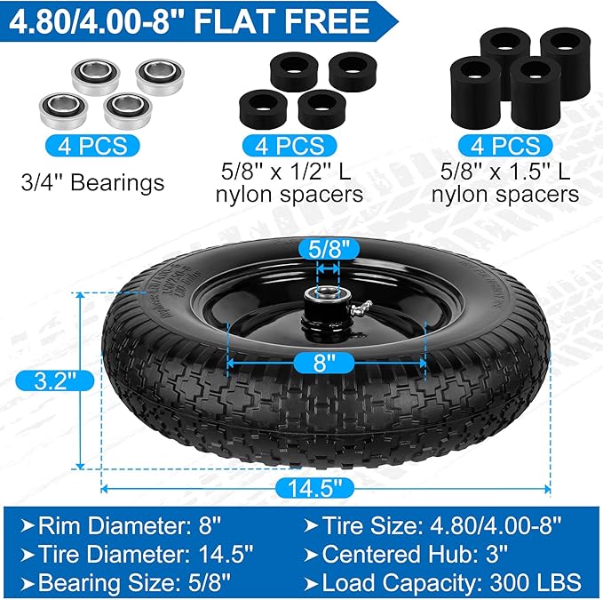 4.80/4.00-8" Flat Free Wheelbarrow Tires and Wheels, 14.5" Universal Fit Solid Tires with 5/8" or 3/4" Bearing, 3"-7" Hub, Adapter Kit Hand Truck Wheels Replacement for 3.50/2.50-8", 4.00-6"etc, 2 PCS