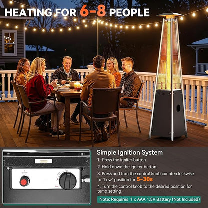 YITAHOME Pyramid Patio Heater with Quartz Flame Tube, 42,000–48,000 BTU Outdoor Propane or Gas Heater with Wheels and Cover, and Auto Shut-Off Protection for Backyards, Gardens, Bars, Black