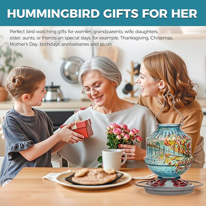 Hand Blown Glass Hummingbird Feeders for Outdoors, 25 Ounces Wild Bird Nectar Feeder with Perch & 5 Flower Feeding Ports Leak Proof Hanging for Garden Backyard Decor, Gifts for Women Mom, Blue