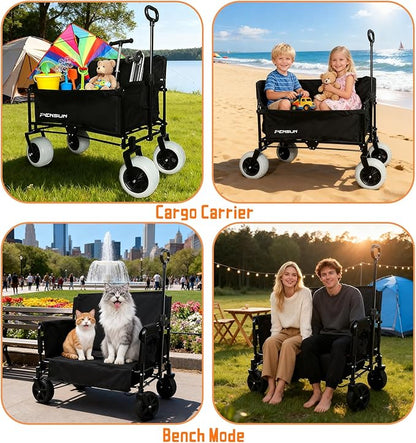 PENSUN 3-in-1 Foldable Wagon Convert to Bench, Collapsible Beach Wagon with Dual Wheel Sets - 550LBS Load Capacity, Outdoor Camping Cart Foldable Ideal for Camping, Beach, Garden, Shopping