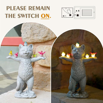 MININOVA Solar Outdoor Decorations Garden Statue Cat Figurines with Birds for Yard Patio Balcony Lawn Outside Ornaments Gifts for Women Mother Kids