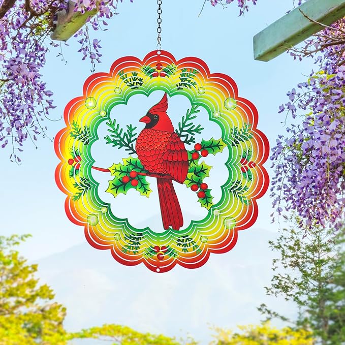 Cardinal Wind Spinners Cardinal Gifts for Women/Men 12 inch 3D Stainless Steel Hanging Wind Spinner Metal Wind Catchers Kinetic Sculpture for Indoor/Outdoor Decor, Yard Art, Garden Decorations
