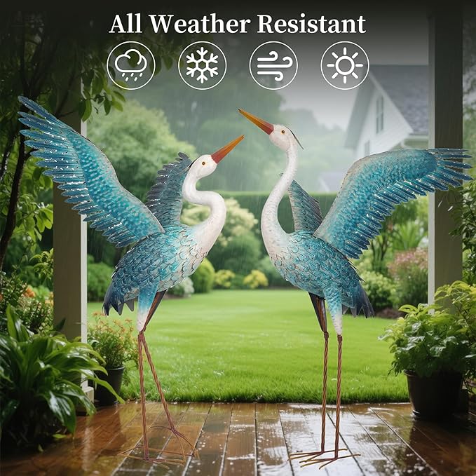 chisheen Garden Statue Outdoor Metal Heron Crane Yard Art Sculpture for Lawn Patio Backyard Decoration,46 inch (2-Pack) (White&Blue)