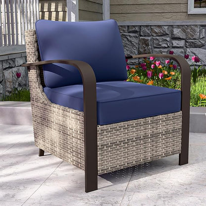 COOS BAY Aurora Terrace Outdoor Chairs with Cushions, Wicker Dining Set with Deep 4-Inch Seating, Modern Curved Armrest Porch Chairs, Set of 1, Beige/Blue