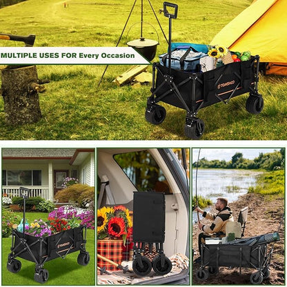 TOMSHOO Wagons Cart 120L Collapsible Wagon 330lbs Load Universal Wheels Wagons Carts Foldable with Cup Holders, Side Pocket and Brakes for Camping, Garden, Sports, Beach, Shopping, Black