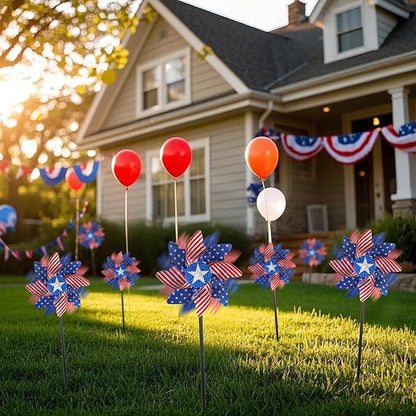 winemana 12 Pack 4th of July Patriotic Pinwheels for Yard & Garden – Reflective American Flag Wind Spinners, Outdoor Bird Deterrents Decorations for Independence Day & Memorial Day (Red White Blue)