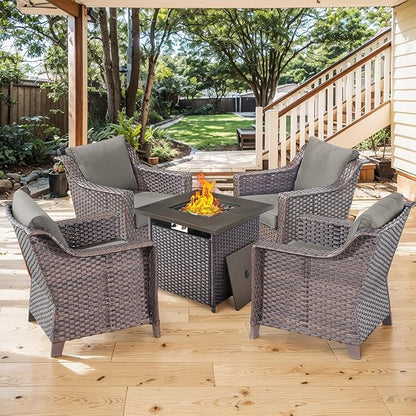 Outdoor Wicker Patio Chairs Set of 4 - Heavy Duty Outside Rattan Lawn Chair for Front Porch Balcony Backyard Yard Deck Poolside Apartment – Brown/Grey