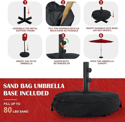Sundale Outdoor 10 ft Patio Umbrella with Sand Bag Umbrella Base Included, Outdoor Umbrella with Tilt and Crank, Red
