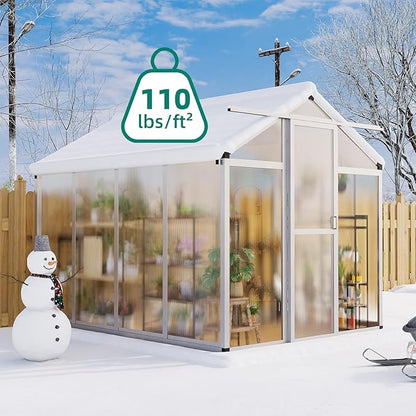 6x8 FT Polycarbonate Greenhouse with Roof Vent - Large Aluminum Walk-in Greenhouse Kit for Gardening, Backyard, Patio, Lawn - Easy Assembly