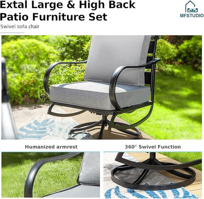 MFSTUDIO 5 Pieces Patio Conversation Sets, Outdoor Metal Furniture Sofas with 1 x 28 50,000 BTU Square Propane Gas Fire Pit Table and 4 x Steel Frame Patio Sofa Swivel Chairs with Grey Cushion