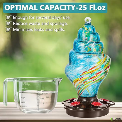 Spiral Shaped Hummingbird Feeder for Outdoors, Hand Blown Glass, 25 fl.oz, Leak Proof & Rustproof, Includes an Ant Moat, Metal Cover with 5 Feeding Ports & 5 Perches, Blue