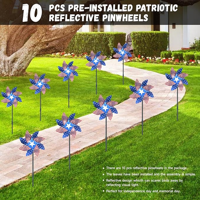 10 PCS Reflective Pinwheels for Yard and Garden Bird Devices Pre-Installed Sparkly Wind Spinner Deterrent to Scare Birds Away from Yard Patio Farm (Red&White&Blue)