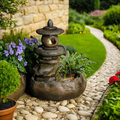 28" H Imitation Rock Pagoda Design Outdoor&Indoor Cascading Water Fountain, Natural Zen Decor Waterfall with LED Lights - Suitable for Garden/Patio/Yard/Deck/Balcony and Home Art Decor （Resin）