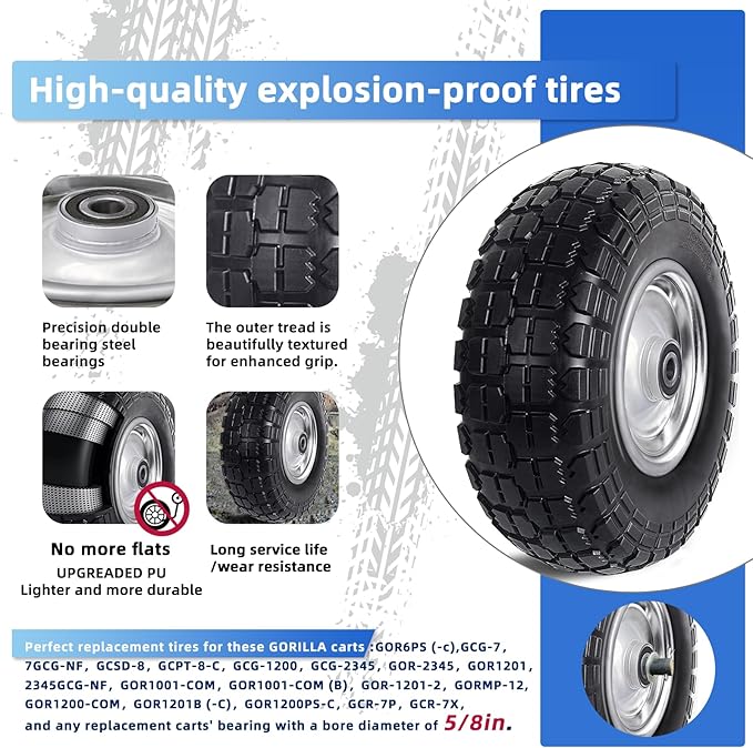 12'' Flat Free Tires Rubber Replacement Solid Tire and Wheel Assemblies for Hand Trucks Garden Cart Wheelbarrow - 3.5”Wide Polyurethane Tires 2.1 Hub with 5/8 Inch Axle Borehole Silver