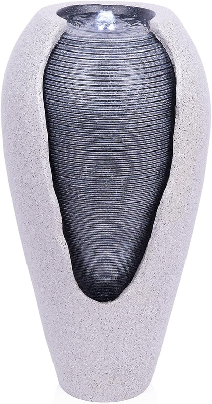 Alpine Corporation - 29" Tall Two Tone Ribbed Jar Floor Fountain with LED Lights – Elegant Indoor/Outdoor Water Feature, Easy Setup with Pump & Plug-in Design (Gray)