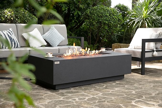 AMS Creations | Madison 60" Bundle Rectangular Natural Gas Outdoor Fire Pit Table | Dark Gray Concrete GFRC | Limestone Texture or Surface | Electronic Ignition | Outside Backyard Fireplace