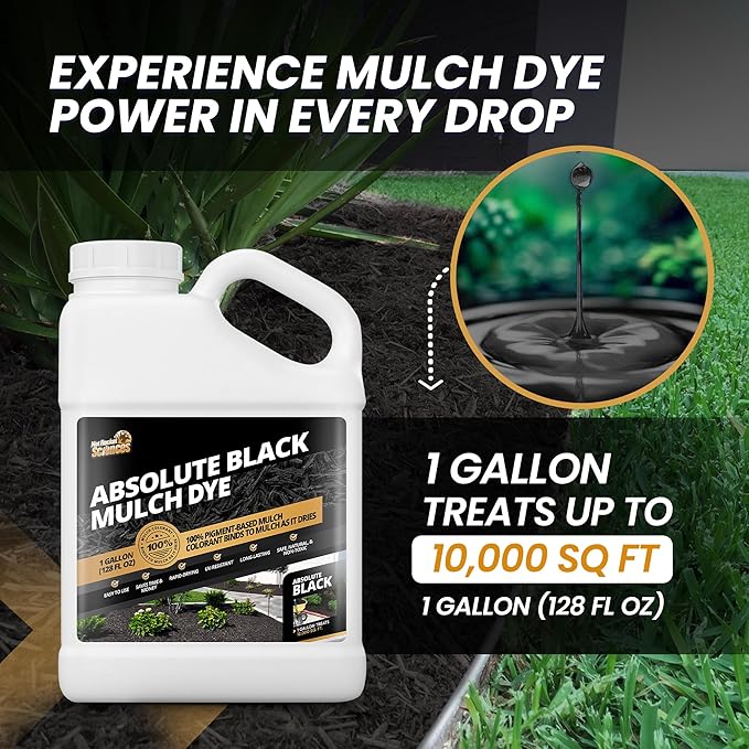 1 Gallon Absolute Black Mulch Dye - Covers up to 10,000 sq. ft., Liquid Mulch Dye Black, Premium Color, Ideal for Landscaping, Renews Faded Rubber or Wood Chips, Binds as it Dries