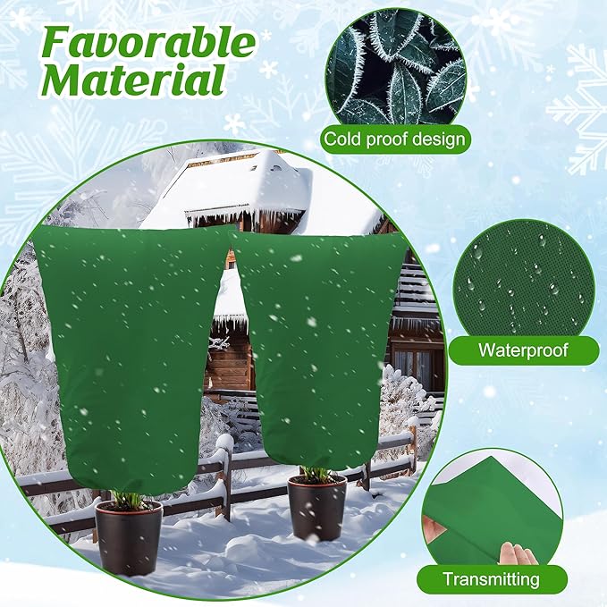 Alpurple 2 Packs Winter Drawstring Plant Covers- 39 x 63 Inch Warm Plant Protection Cover Bags, Frost Cloth Blanket Protecting Fruit Tree Potted Plants from Freezing Animals Eating (Green)