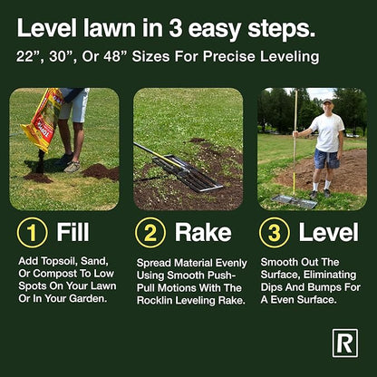 Rocklin™ Lawn Leveling Rake | Levelawn Tool | Level Soil or Dirt Ground Surfaces Easily | 30” x 10” Ground Plate | 78” Extra Long Handle | Stainless Steel