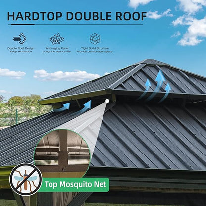 Domi Outdoor Living 12’ X 12’ Hardtop Gazebo, Outdoor Aluminum Frame Canopy with Galvanized Steel Double Roof, Outdoor Permanent Metal Pavilion with Curtains and Netting for Patio, Backyard and Lawn