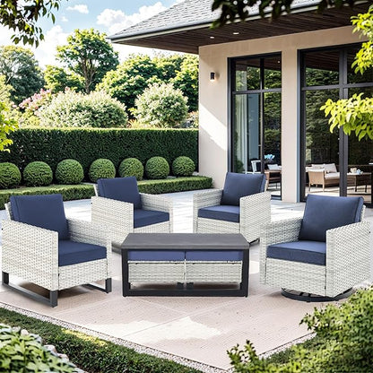 Wicker Patio Furniture Set：7 Piece Outdoor Patio Furniture Set with 2 Swivel Patio Chairs 2 Single Chairs a Coffee Table and 2 Ottomans, Light Grey Wicker/Blue Cushion
