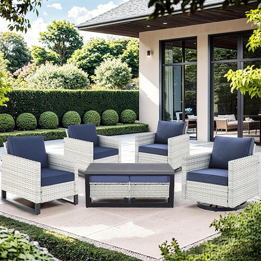 Wicker Patio Furniture Set：7 Piece Outdoor Patio Furniture Set with 2 Swivel Patio Chairs 2 Single Chairs a Coffee Table and 2 Ottomans, Light Grey Wicker/Blue Cushion